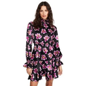 Borgo De Nor Black Purple Yulia Floral High Neck Ruffle Satin Dress Size 2 Sz XS